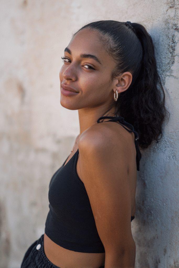 Young black woman with 90s inspired slick back ponytail hairstyle