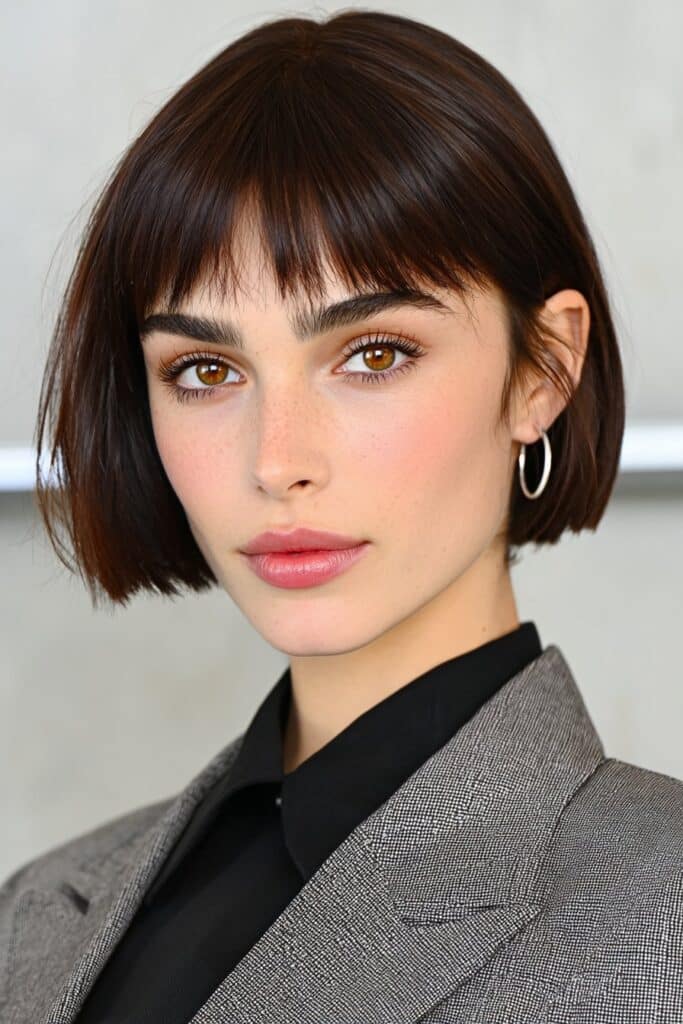 Elegant woman with an angled bob haircut and soft layers.