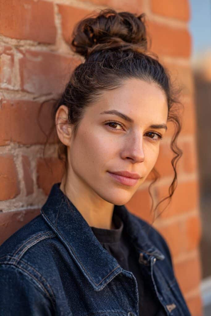 Graceful balletcore bun for women over 60, in dark brunette, photographed with an urban brick wall.