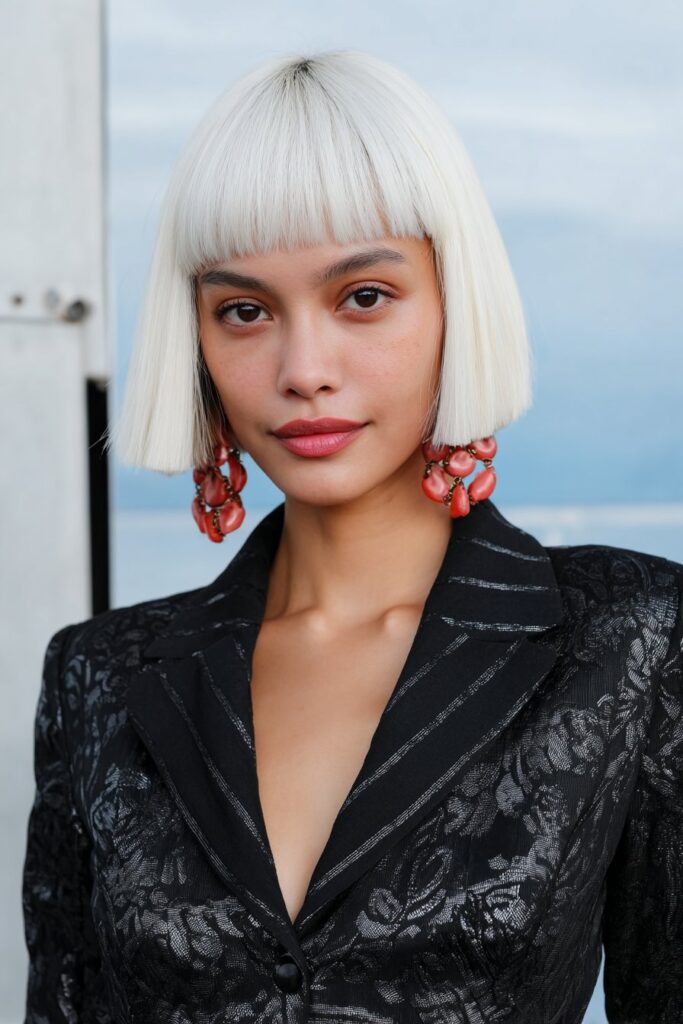 Blonde girl with bob and bangs.