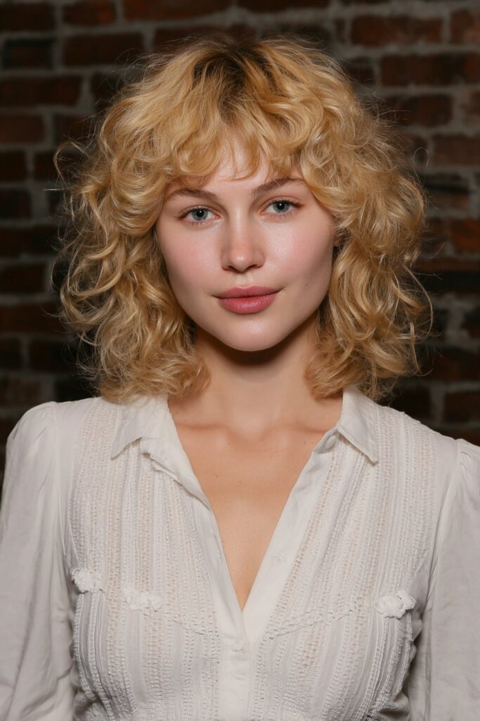 Blonde girl with curly bob.
