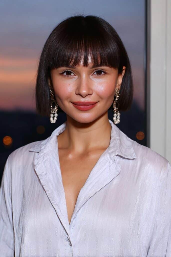 Girl with blunt bob and micro bangs.