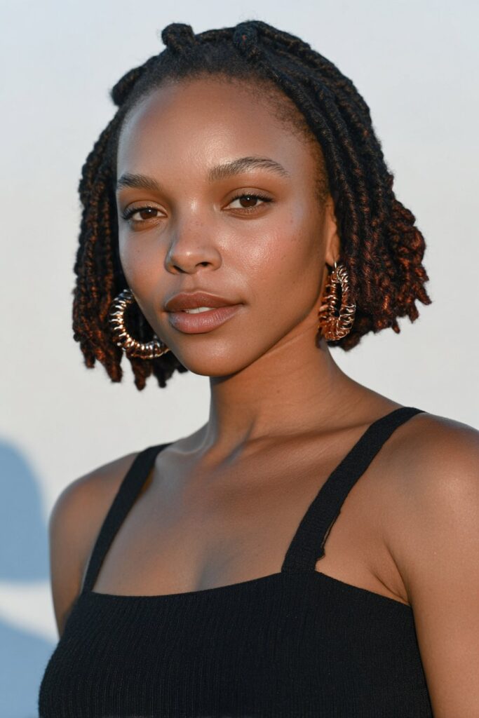 Woman with short bob-length braids hairstyle