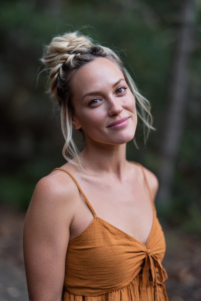 Beautiful braided crown bun for women over 60, with sandy blonde tones, against a natural forest scene.