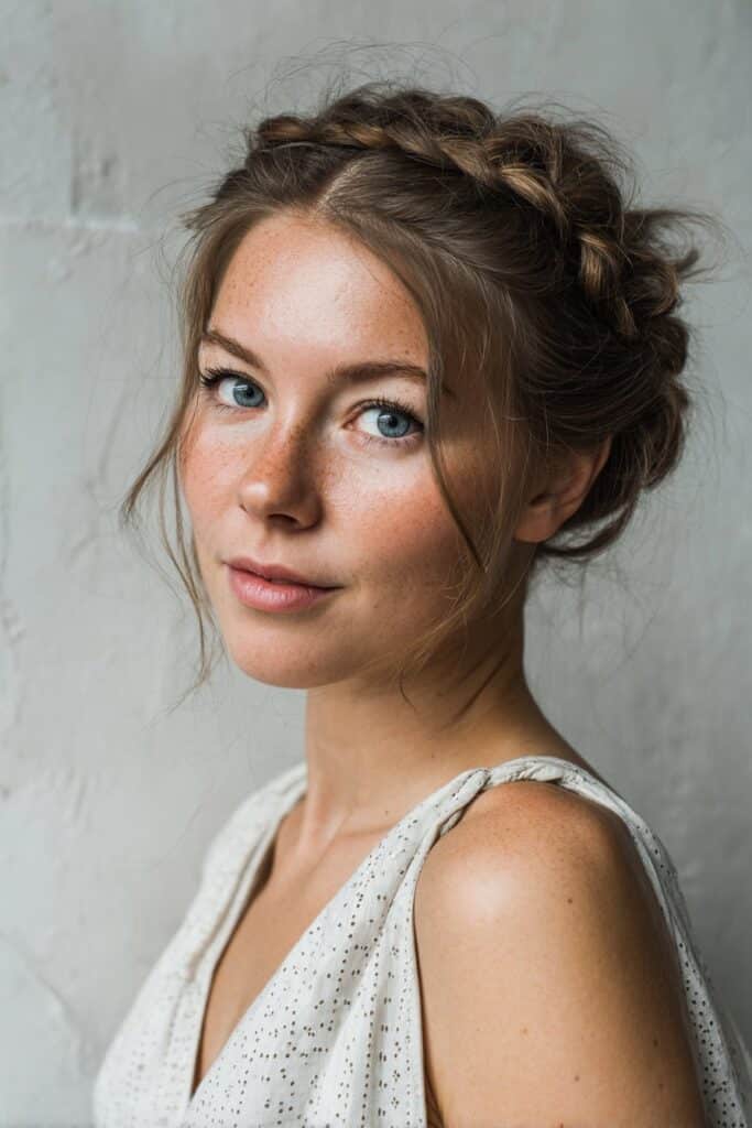 Elegant American woman over 12 with braided faux hawk hairstyle, textured plaster backdrop, natural lighting, Instagram-style.
