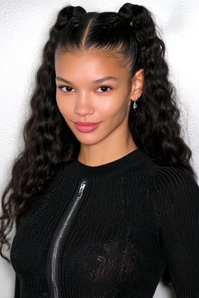 Playful bubble ponytail on a woman with medium hair, cute and quick festive hairstyle.