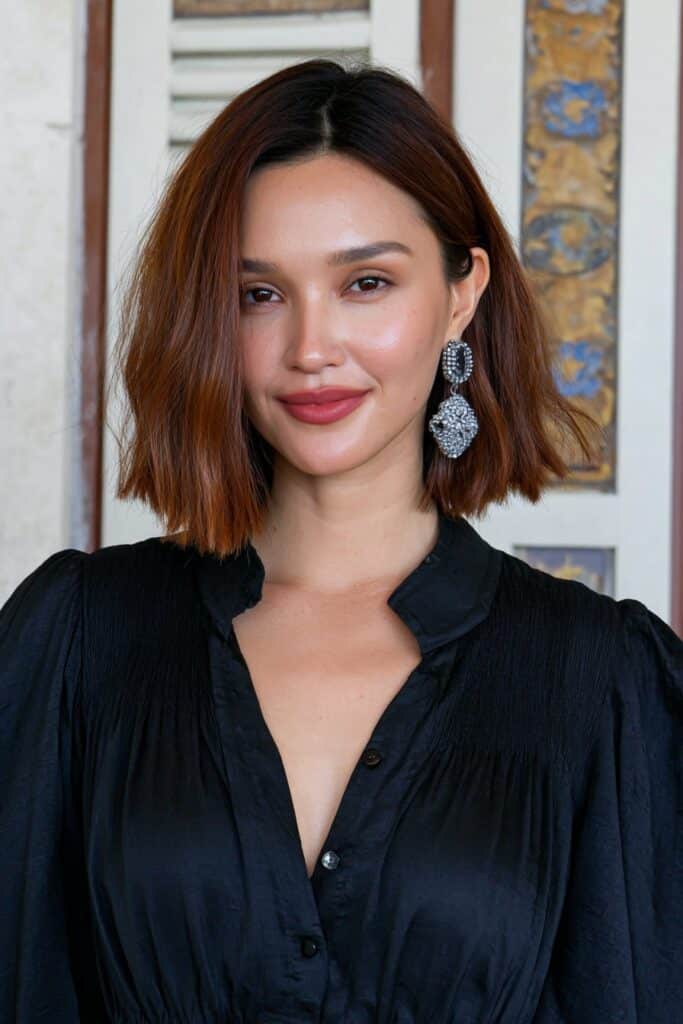 Girl with caramel-highlighted lob.