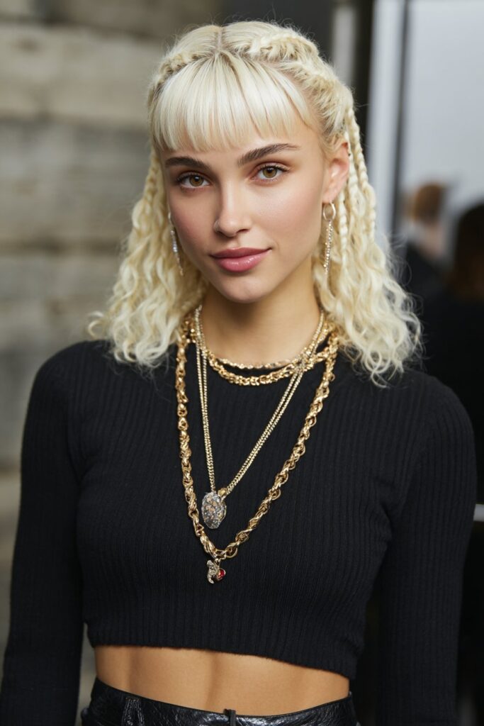 Woman with classic shoulder-length knotless braids and curls