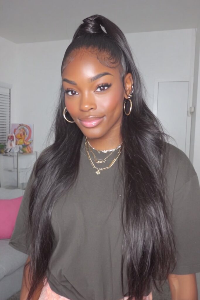 A woman with a classic straight half up half down quick weave featuring a sleek, polished finish.