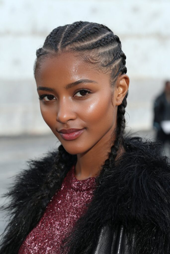 Woman with neat cornrows braided close to the scalp
