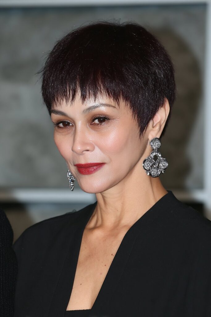 Dark brown choppy pixie shag for woman over 50 with tousled layers and added volume.
