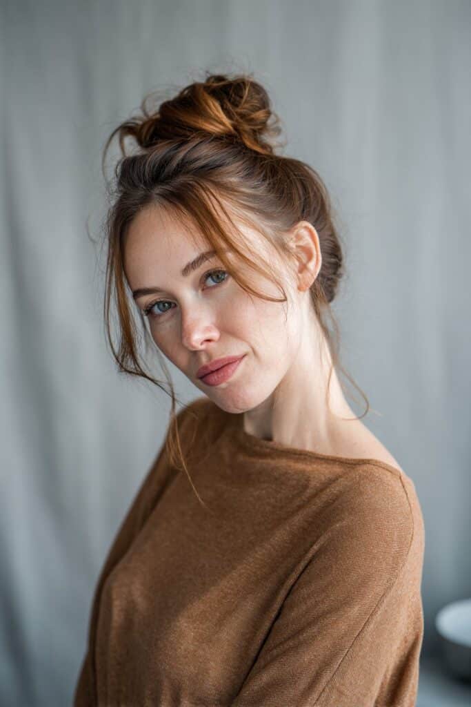 Classic French twist bun for women over 60, with light brown hair, captured on a seamless white backdrop.