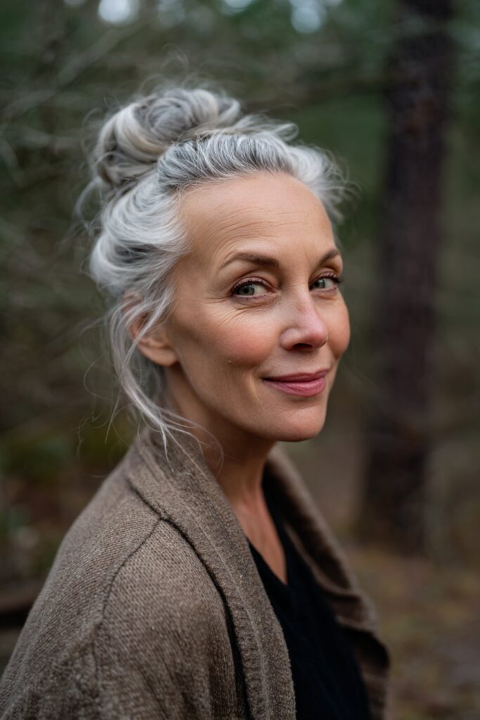 Refined elegant chignon for women over 60, in ash blonde, photographed with an urban brick wall texture.