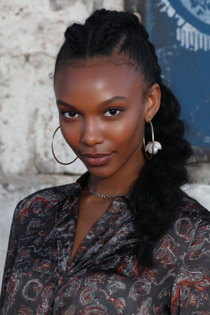 Woman wearing Elsa Claire inspired winter braid style