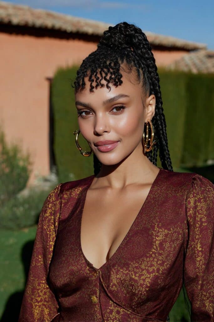 French Curl Braids with Side Bangs on a woman featuring side-swept curly bangs