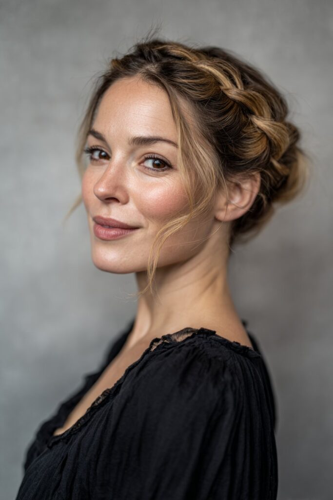 American woman over 12 with half-up braided crown hairstyle, soft gray fabric backdrop, natural lighting, Instagram-style.