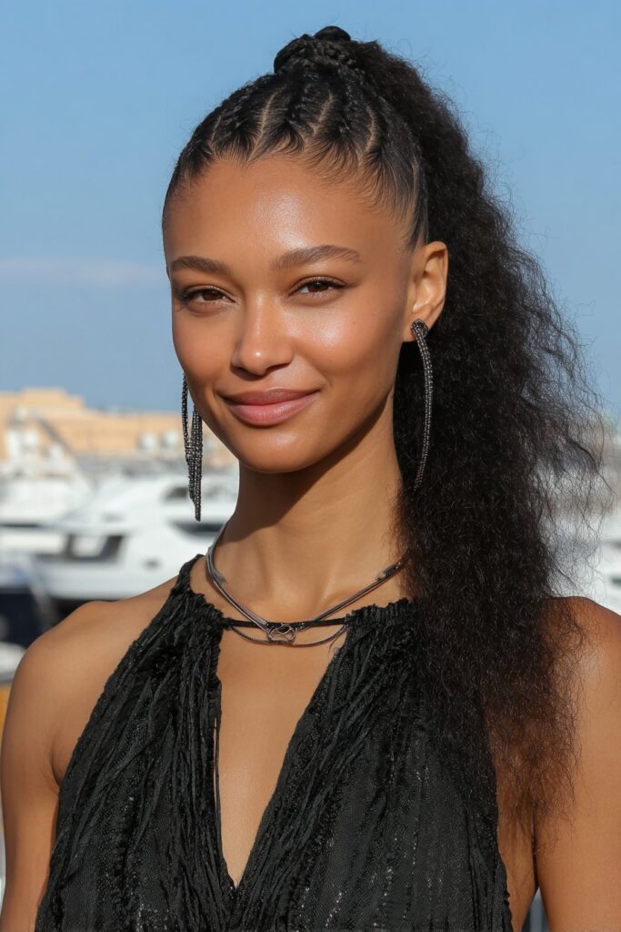Girl with an elegant halo braid wrapped around the head