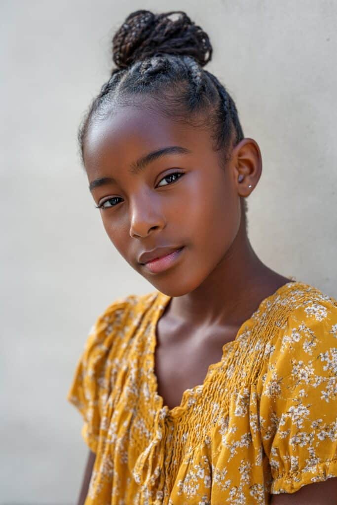 Young black woman with high slick back bun hairstyle