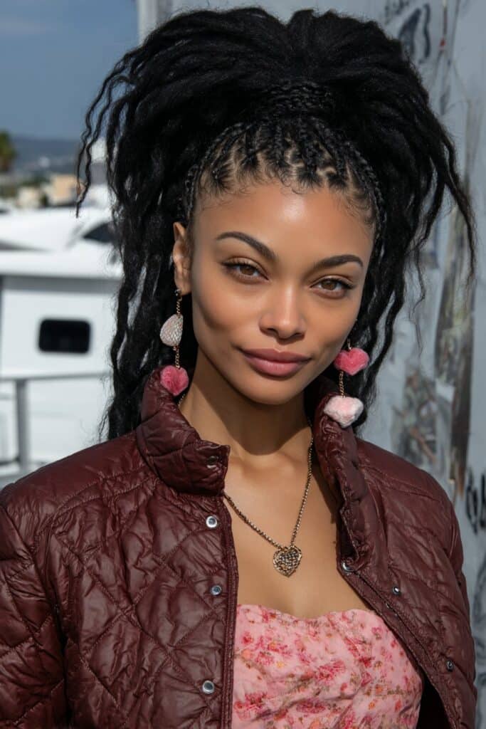 Jumbo Knotless Braids with French Curls on a woman with thick stylish braids