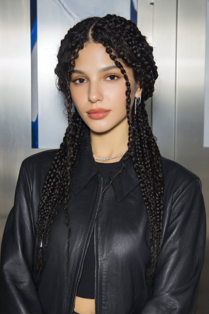 Woman with knotless boho braids featuring loose curls for a soft winter look