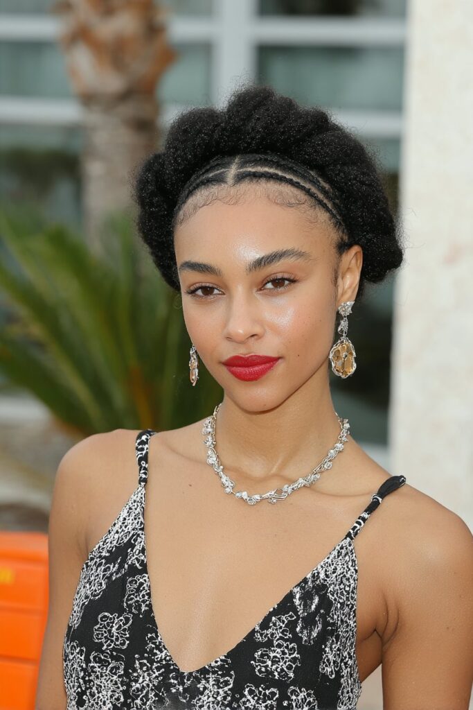 Woman with a crown twist and curly knotless braids