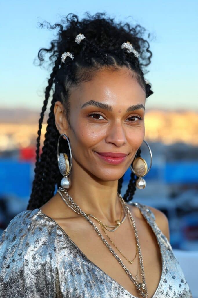 Woman with curly knotless braids and cute hair accessories