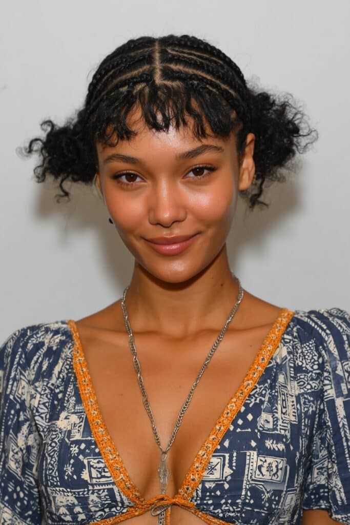 Girl with skunk stripe knotless braids and curls