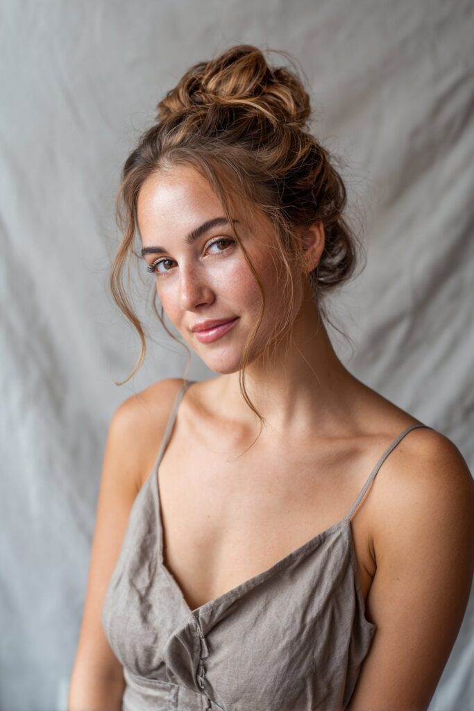 Elegant low braided bun for women over 60, with soft brown hair, against a soft gray fabric backdrop.