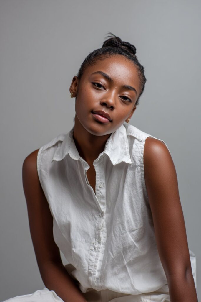 Young black woman with low sleek ponytail hairstyle