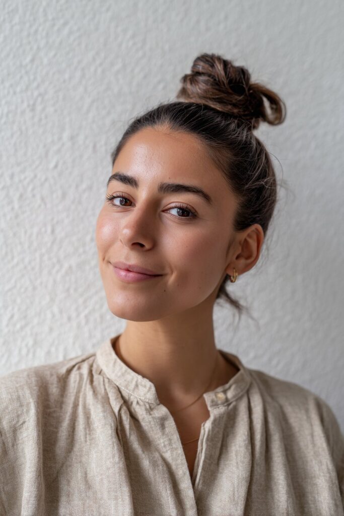 Stylish low textured bun for women over 60, with natural gray hair, captured against a seamless white backdrop.