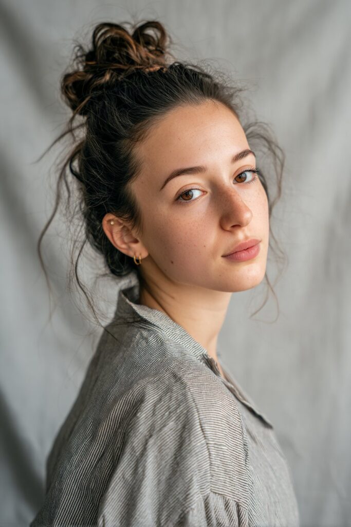 Casual messy high bun for women over 60, with silver highlights, set against a soft gray fabric backdrop.
