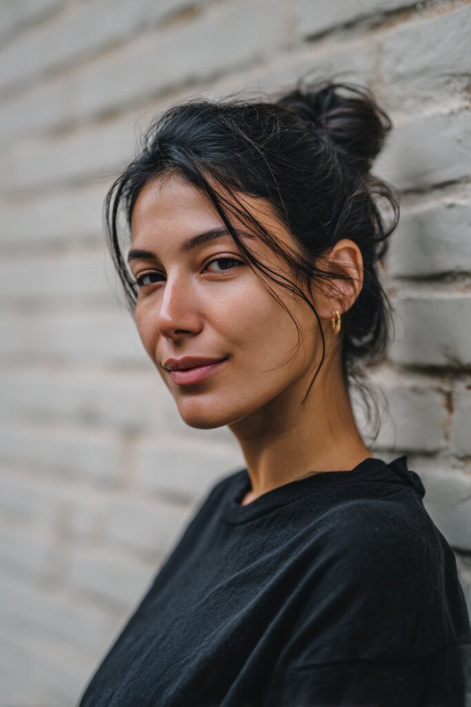Elegant American woman over 12 with messy low bun and face-framing strands, urban brick wall backdrop, soft lighting, Instagram-style.