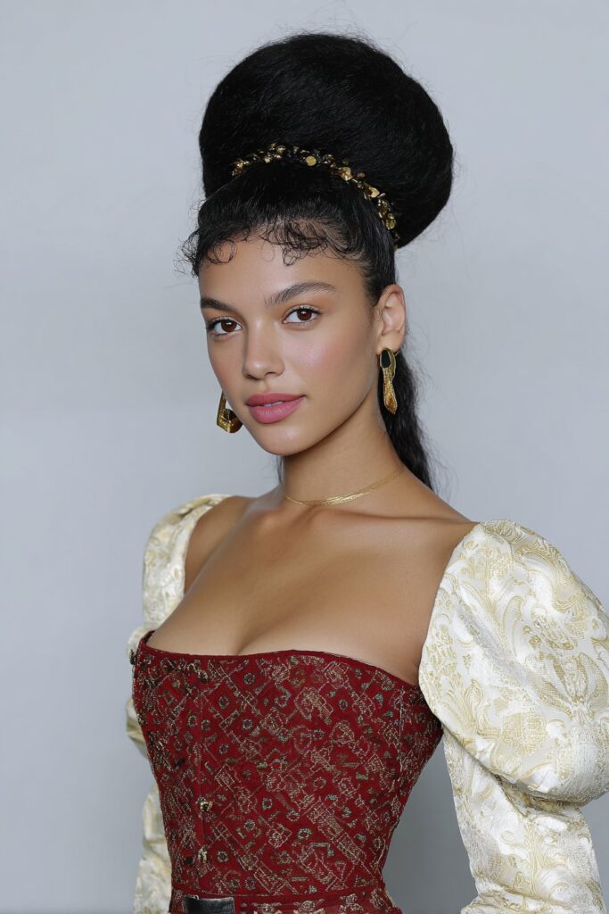 Messy top knot hairstyle with accessories for a stylish woman with medium hair.