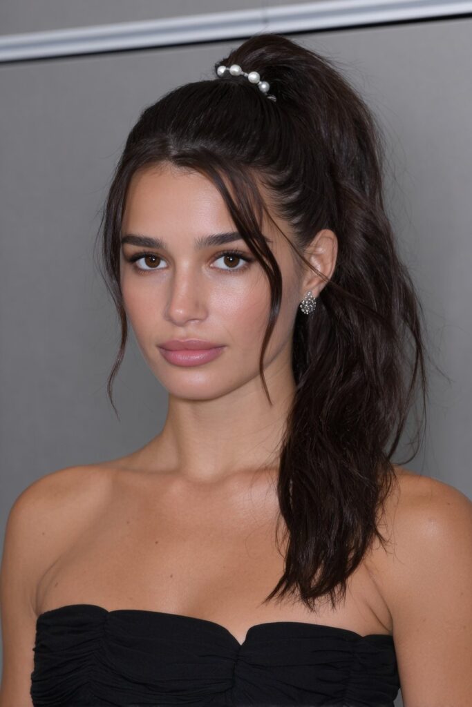 Elegant ponytail with pearls on a woman with medium hair, ideal for holiday or party style.