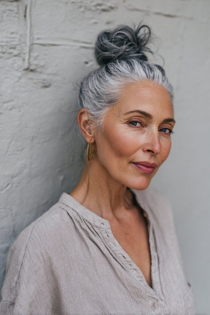Casual pinned messy bun for women over 60, in natural gray, highlighted by a textured plaster backdrop.