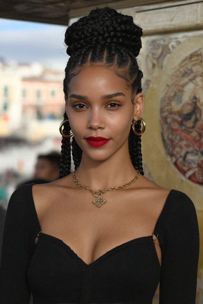 Purple French Curl Knotless Braids on a girl with bold purple curled ends