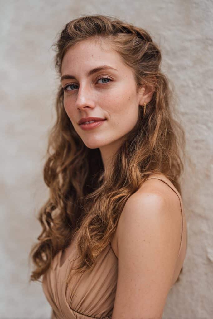 Elegant American woman over 45 with sleek low ponytail and hair wrap, natural forest backdrop, soft lighting, Instagram-style.