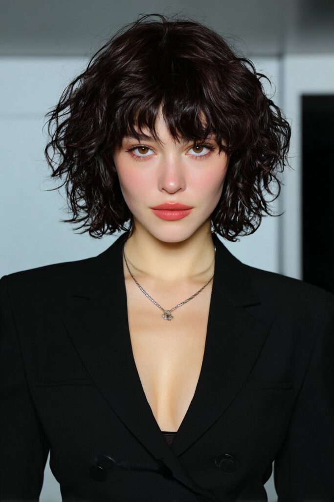 Beautiful woman with a short bob showcasing natural curls.