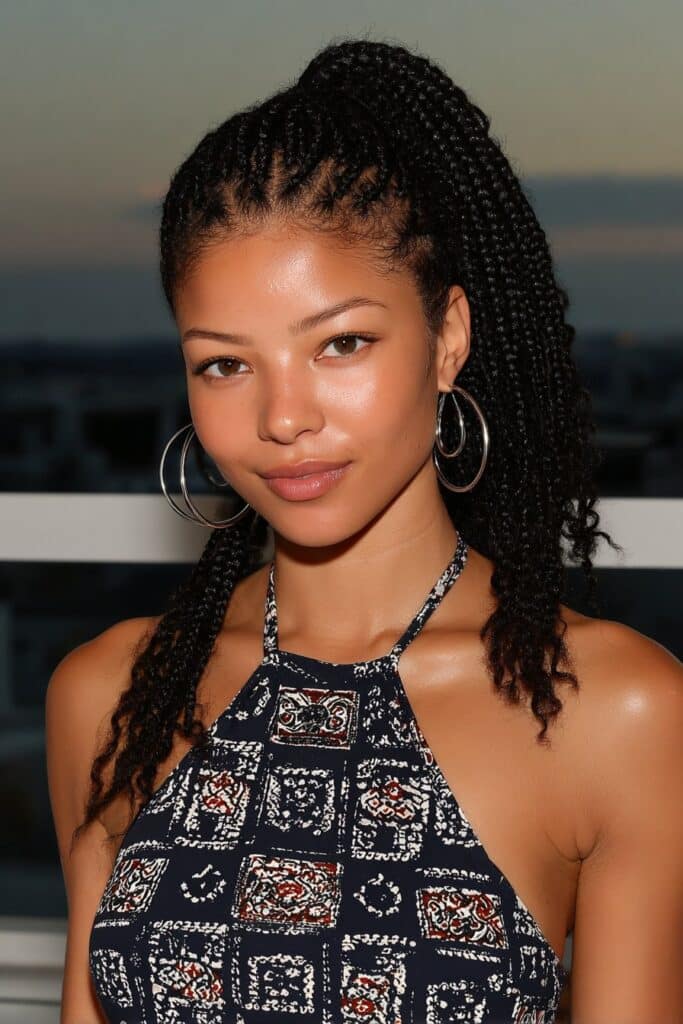 Short Knotless Braids with French Curls on a girl with shoulder-length curls