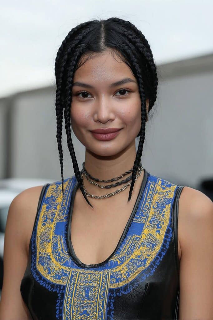 Woman with shoulder-length knotless braids and color highlights