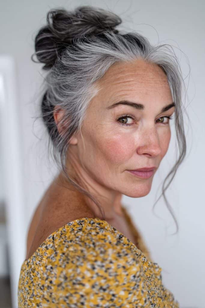 Stylish side-swept bun for women over 60, with silver highlights, captured on a seamless white backdrop.