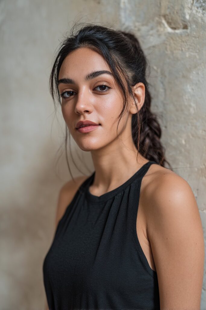 Elegant American woman over 12 with side-swept fishtail braid, textured plaster backdrop, natural lighting, Instagram-style.
