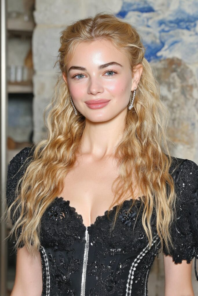 Glamorous side-swept waves on a woman with medium hair, perfect for an elegant, red-carpet look.