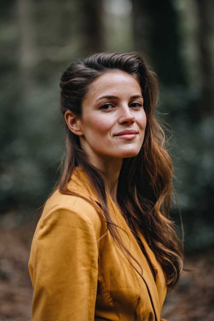 American woman over 12 with side-swept Hollywood waves, natural forest backdrop, soft lighting, Instagram-style.