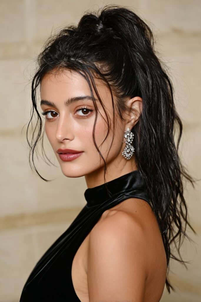 Sleek low ponytail hairstyle on a woman with medium-length hair, polished and modern.