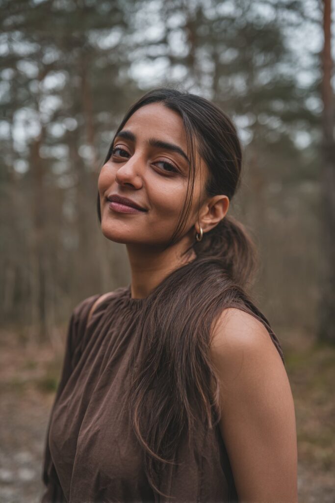 Elegant American woman over 12 with half-up top knot and wispy bangs, soft gray fabric backdrop, natural lighting, Instagram-style.