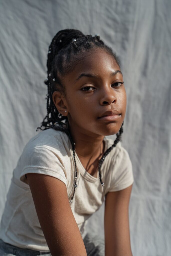 Young black woman with slick back beads accessories hairstyle