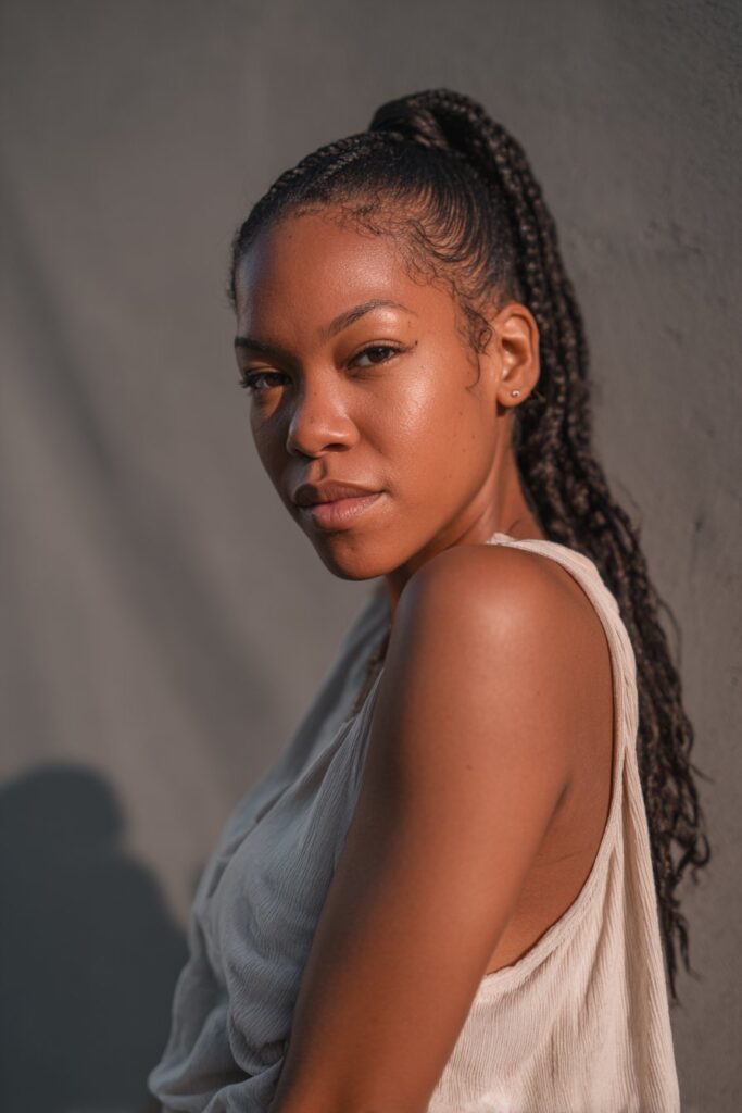 Young black woman with slick back braided ponytail hairstyle