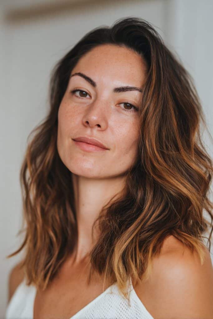 American woman over 12 with soft glam waves and middle part, seamless white backdrop, soft lighting, Instagram-style.