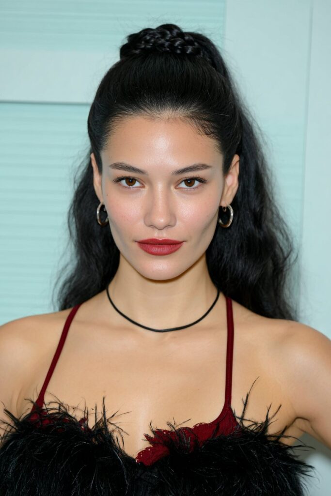 Romantic halo braid encircling a woman’s head, giving a soft and dreamy look ideal for girls with medium hair.